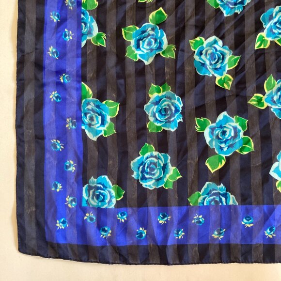 Vintage Blue Roses Rose Flower Scarf Floral 20 X 20" Made in Italy Chiffon Green - Picture 4 of 16